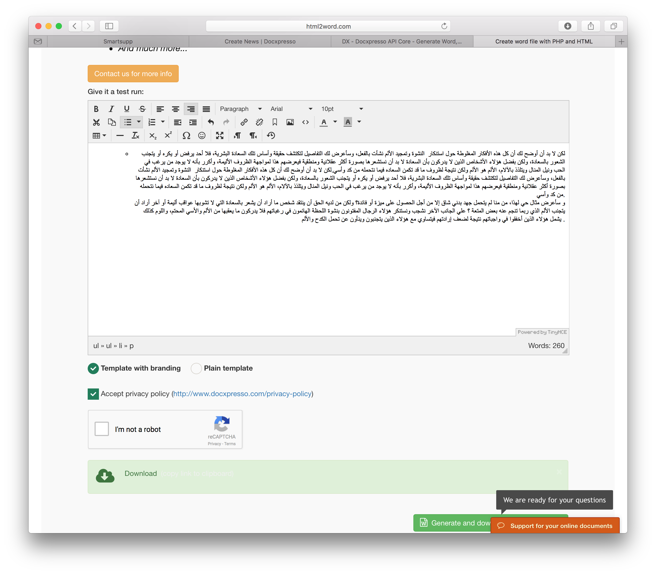 arabic text from html to pdf