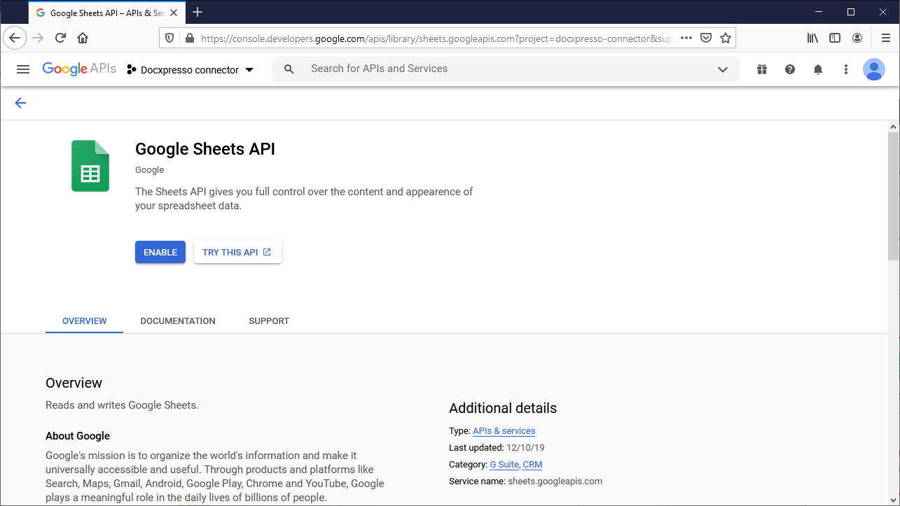 Enable Google Sheets API