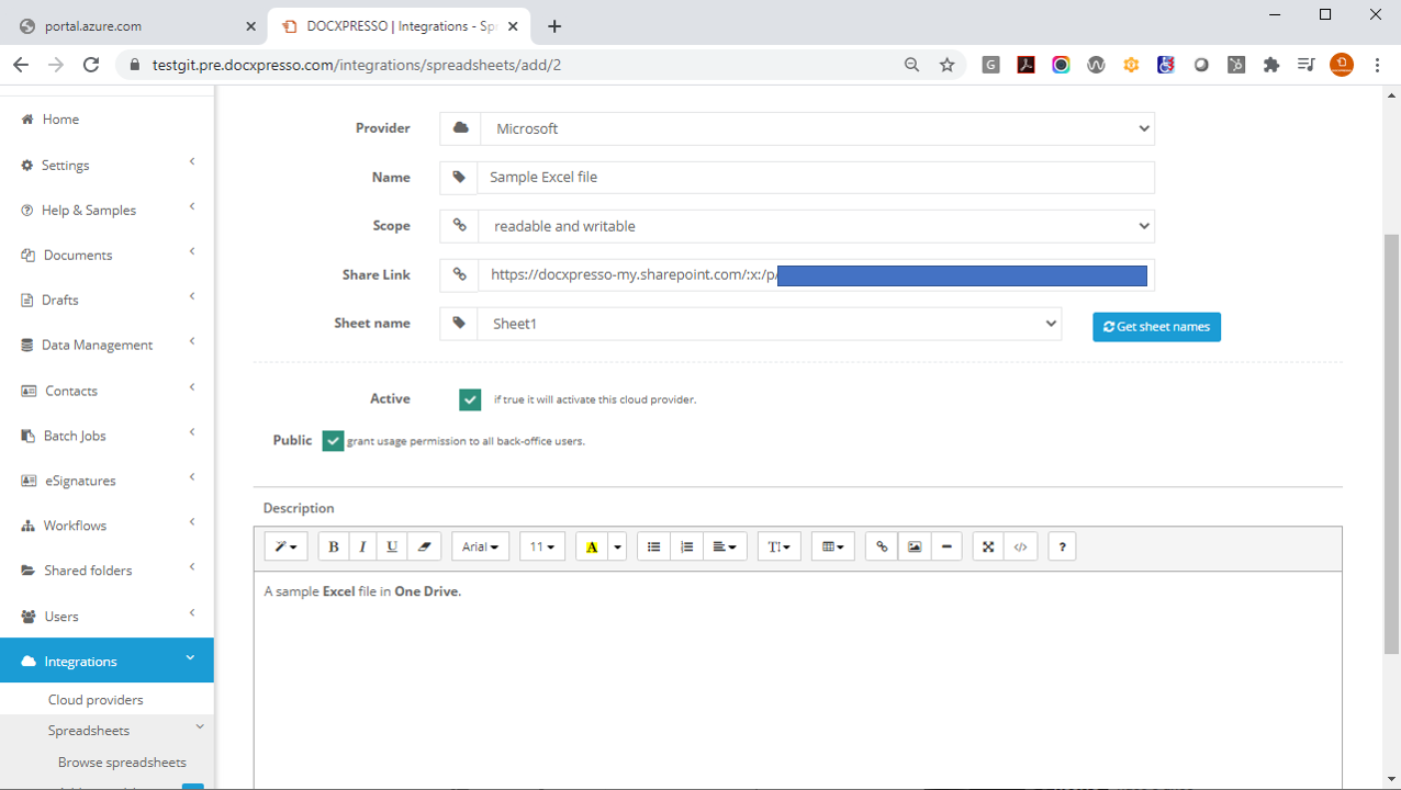 Cloud spreadsheet configuration